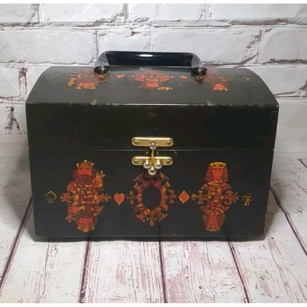 VTG 1960s 1970s Wooden Purse Decoupage Face Cards Box Plastic  Handle